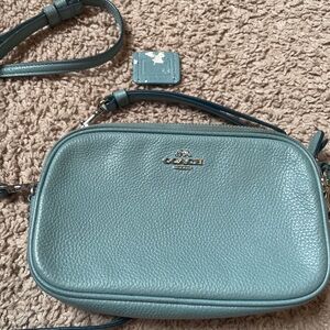 Coach Slate Blue Pebbled Leather Double Zip Crossbody with Silver Hardware